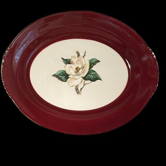 Homer Laughlin DISCONTINUED Burgundy Magnolia Oval Platter - Picture 2 of 7